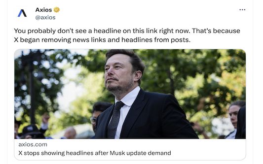 Screenshot of a tweet from Axios that says:  'You probably don't see a headline on this link right now. That's because X began removing news links and headlines from posts.' But after the extension installed, the headline is in fact shown