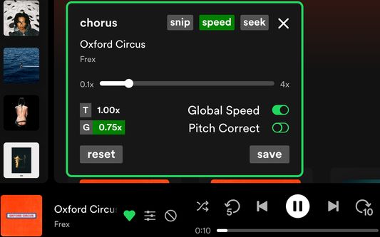 Set custom default (G) playback speed for all audio (up to 4x) as well as for individual tracks (T). Additionally, toggle "Pitch Correction" to switch between low-pitch and high-pitch vocals depending on current playback speed.