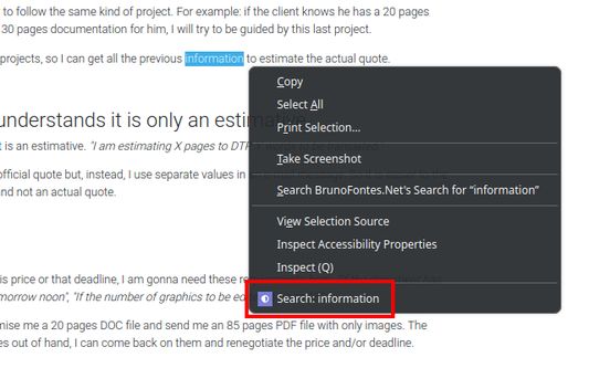 A selected word in a page with the context menu opened, showing the search with dicionarios.cc option (highlighted).