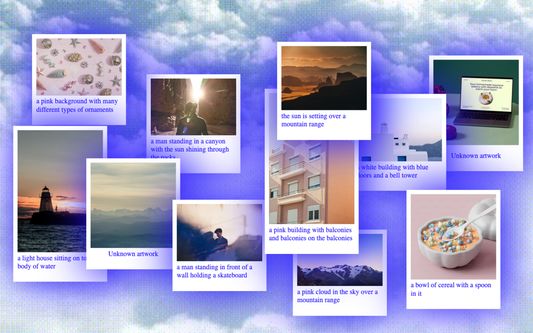 A gallery of images with associated captions against a backdrop of pixelated clouds