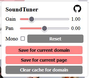 Showing all the gain,pan, and mono controls. The buttons in red allow saving audio settings. Light mode option.