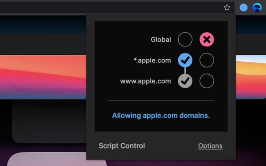 Block JavaScript globally. Allow all Apple domains.