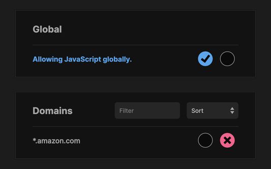 Allow JavaScript globally. Block all Amazon domains.