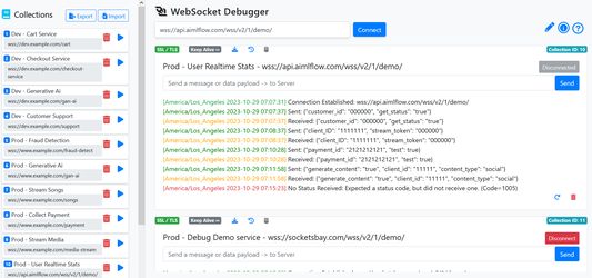 Introducing the WebSocket Pro Debugger, a cutting-edge tool designed to enhance your WebSocket debugging experience:

1. Connection Management
2. Keep Alive
3. Download Logs
4. Reconnect
5. Remove Connection
6. Auto Scroll
7. Clear Logs