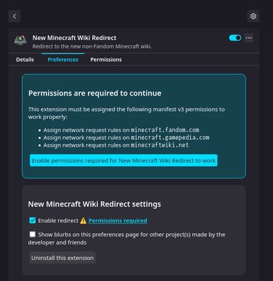 Preferences page for New Minecraft Wiki Redirect, shown in dark mode