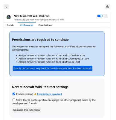 Preferences page for New Minecraft Wiki Redirect, shown in light mode