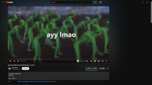 A page of Desktop YouTube playing a video titled "Ayy lmao Macarena Full Version + Lyrics". There are no ads, and the video is playable. To keep focus on the video, the recommended feed and account icon is removed from the screenshot. This does not happen when used normally.