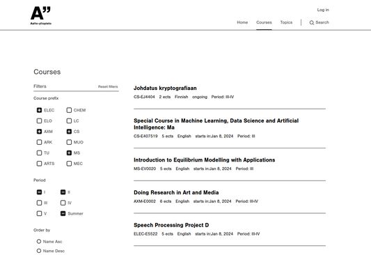 The course listing in courses.aalto.fi with the extension applied. Multiple filters have been selected and courses matching those filters are showing.