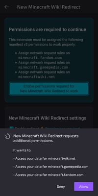 Enabling permissions on Firefox for Android, shown in dark mode