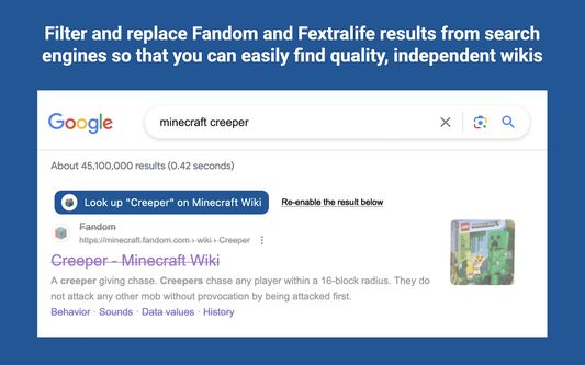 Filter and replace Fandom and Fextralife results from search engines so that you can easily find quality, independent wikis