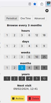 The toolbar extension button lets you create Time Capsules: bookmarks that will re-open at the desired periodicity