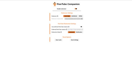 A screenshot from PeerTube Companion settings