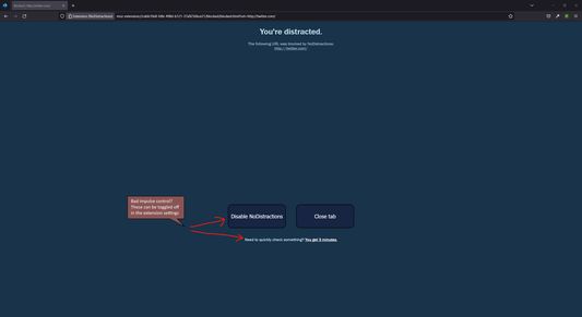The page that appears when trying to visit a website included in the block-list. The "visit anyways" and "Disable NoDistractions" buttons can be toggled off and the allowed duration for visit anyways increased/decreased