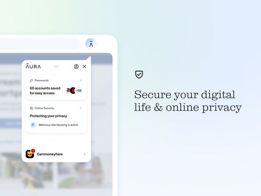 Secure your digital life and online privacy. Aura extension with 60 saved passwords and online security active.