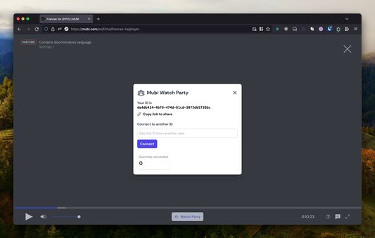 Quickly share a watch link with another person. When they arrive on the page and if they also have Mubi Watch Party, your players will be in sync!
