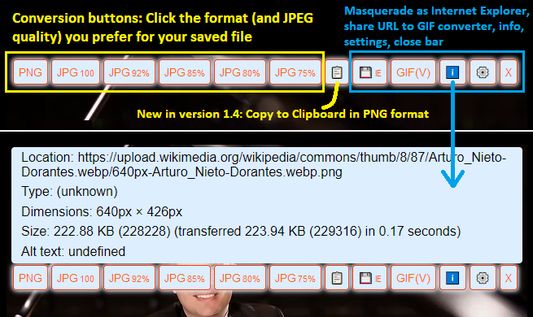 Clicking the context menu item overlays format/quality buttons for one-click convert and save. Use the Options (gear) button to modify save behavior, available format/quality levels, etc. "Save as IE" re-requests the image.