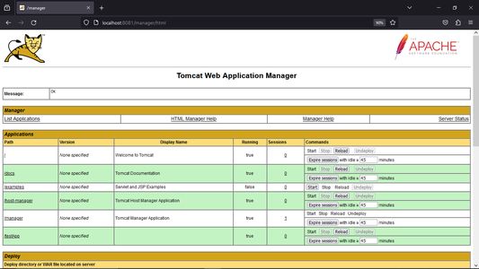 A sample of how the undeploy and stop buttons are disabled for all applications in the Tomcat Manager GUI by the extension