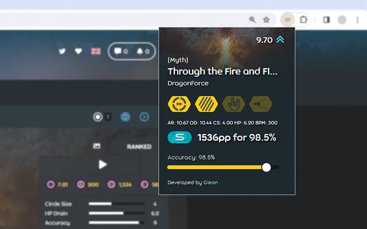 Screenshot of performance calculation for Through the Fire and Flames +HDDT