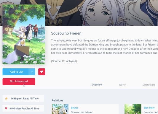A screenshot of an anime page with the “Not Interested” button visible beneath the cover photo. Pressing this button will mark the anime as “Not Interested” and dimmed on AniList.