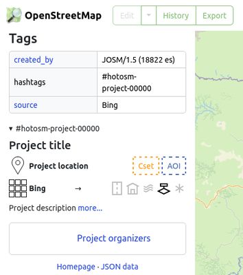 Changeset webpage sidebar with injected Tasking Manager project details