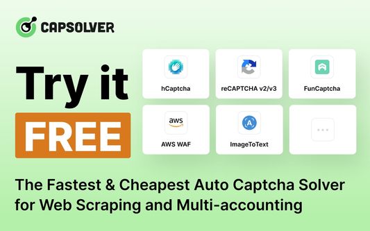 Capsolver is auto captcha solving service, all users have a free trial opportunity to test Captsolver's services such as reCAPTCHA, hCaptcha, FunCaptcha, etc.