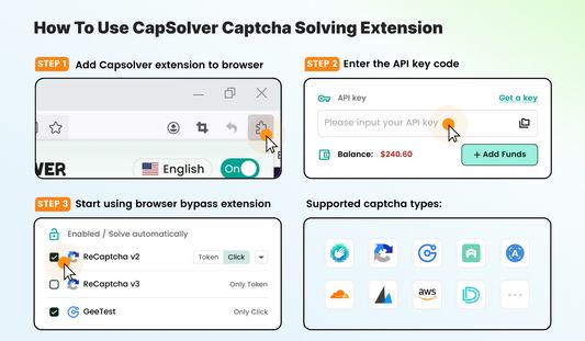 Add capsolver extension to Firefox, sign up and add funds on Capsolver, try fast captcha solving service.