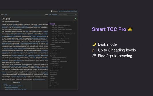 Smart TOC Pro features.

Image: Smart TOC panel on Wikipedia.com, with dark mode enabled.