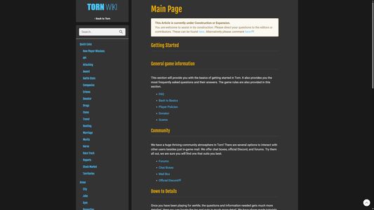 The main page of Torn City Wikipedia, dark themed.