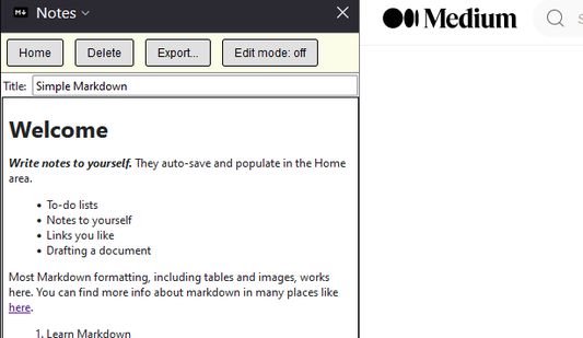 An example of the note sidebar in action, showing a Markdown-formatted note.
