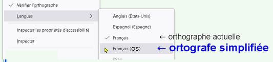 Avec un clic droit on accède au menu des langues et on peut passer à volonté de l'orthographe actuelle (si un correcteur avait été installé) à "l'ortografe simplifiée", et vice-versa. Ce module n'affecte pas le correcteur en français actuel installé auparavant.