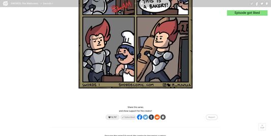 Episode I of Swords: The Webcomic. Booth the completly gray like button and a green notification on the right side are indicating that the episode got successfully liked.