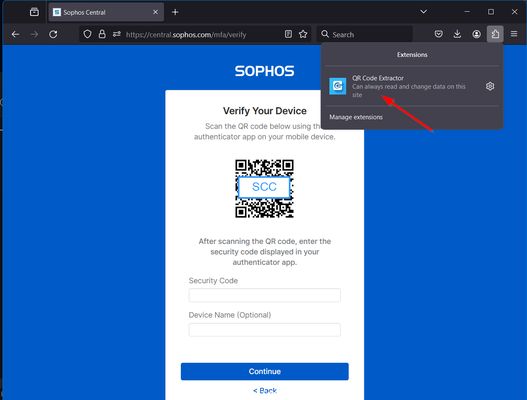 after instaling the SCC on Mozilla got to the 2FA configutation on the Sophos Central click on your Acount name and choose manage login setting anf for authentication method choose Authentication then can u use extention to extrack the Code and Use it on WinAuth
