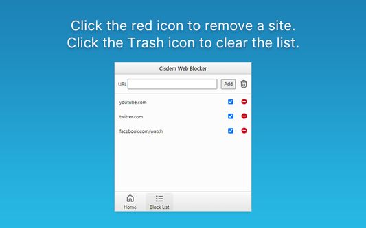 Cliquer l’icône rouge pour supprimer un site. Cliquer l’icône Corbeille pour supprimer la liste.