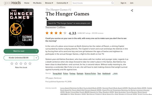 Screenshot of the goodreads page for "The Hunger Games". The mouse pointer is hovering over the search link injected by this add-on.