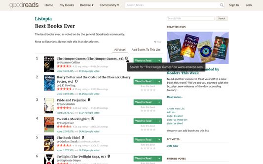 Screenshot of the goodreads list "Best Books Ever" with multiple books shown. Besides each book is a search link injected by this add-on.