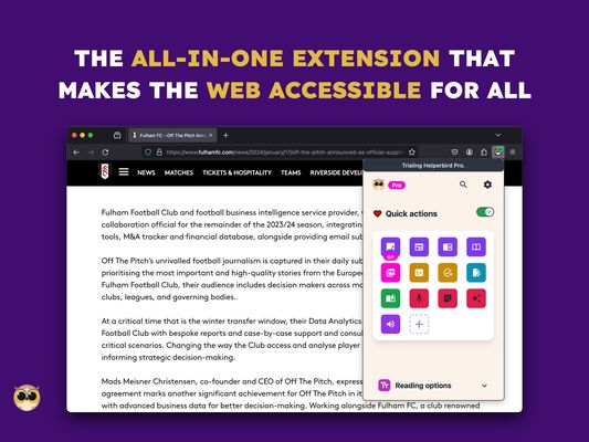Marketing graphic featuring an open laptop displaying a webpage with the Helperbird Pro showing various accessibility tools. The headline reads 'THE ALL-IN-ONE EXTENSION THAT MAKES THE WEB ACCESSIBLE FOR ALL,' emphasizing the extension's comprehensive features for enhanci