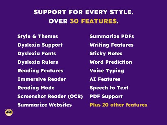 Graphic showing a list of Helperbird features in bold typography against a purple background. The list includes 'Style & Themes,' 'Dyslexia Support,' and more, with 'SUPPORT FOR EVERY STYLE. OVER 30 FEATURES.' as a header, indicating the wide range of support options available fo