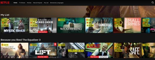 Netflix: Annotations are overlaid on each Netflix movie title. You can see critic reviews from IMDB, Rotten Tomatoes, and Metacritic