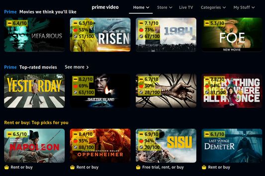 Amazon Prime Video: Annotations are overlaid on each Netflix movie title. You can see critic reviews from IMDB, Rotten Tomatoes, and Metacritic