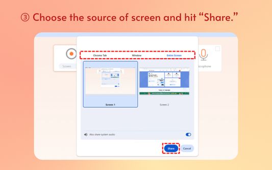 Choose the content of your screen and hit Share button.