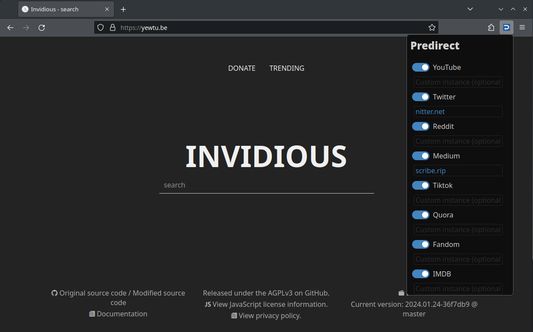 Invidious website and predirect extension popup