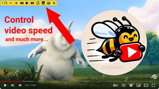 A red arrow points at the extension's control panel. Below it is the red text stating: "Control video speed and much more...". the Happy Bee mascot is on the right of that text.