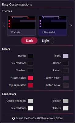 UI of the extension, The first section gives you the preset themes, the second section gives you the color picker to change to the color of your preferences.