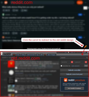Clicking the carrot in the corner will redirect you to the old reddit design. Will only show up if enabled in addon options.