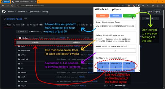 Configuration options: set your github access token, select api method, setup layout of utility buttons