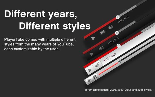 "Different years,
		Different styles",

"PlayerTube comes with multiple different
styles from the many years of YouTube,
each customizable by the user."