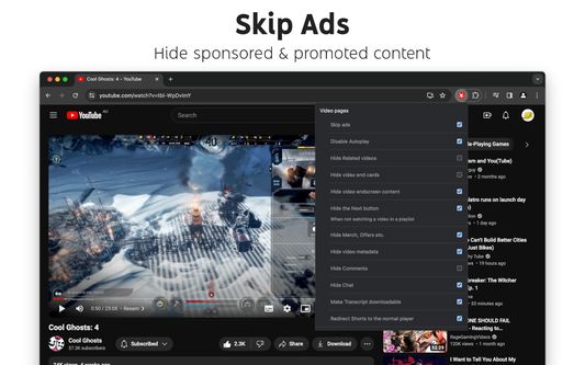Video ads can be automatically skipped and other promoted content is hidden