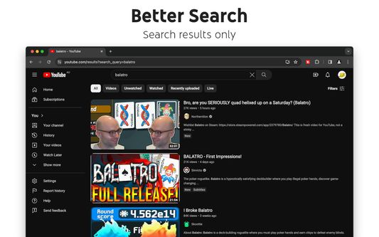 Nothing but search results on the Search page, no suggested sections