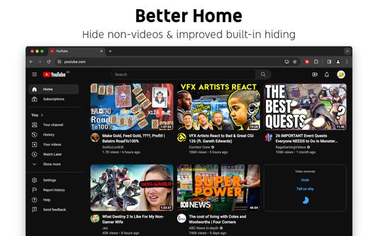 Hide non-video content on the Home page and improve YouTube's built-in hiding