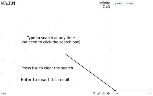 Search focus, insert with enter, Esc to clear.